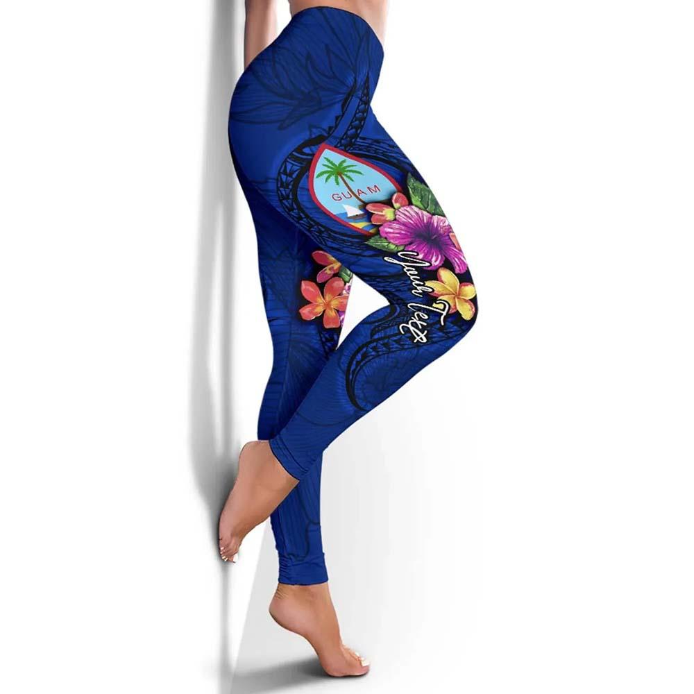 Guam Polynesian Custom Personalised Legging - Floral With Seal Blue