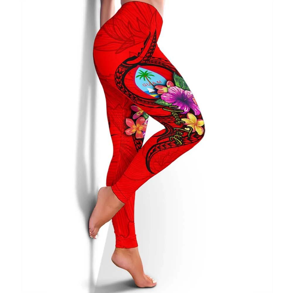 Guam Polynesian Custom Personalised Legging - Floral With Seal Red