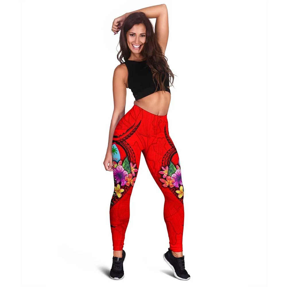 Guam Polynesian Custom Personalised Legging - Floral With Seal Red