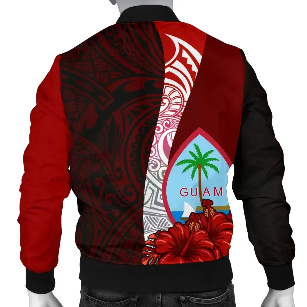 Guam Polynesian Custom Personalised Bomber Jacket - Coat Of Arm With Hibiscus