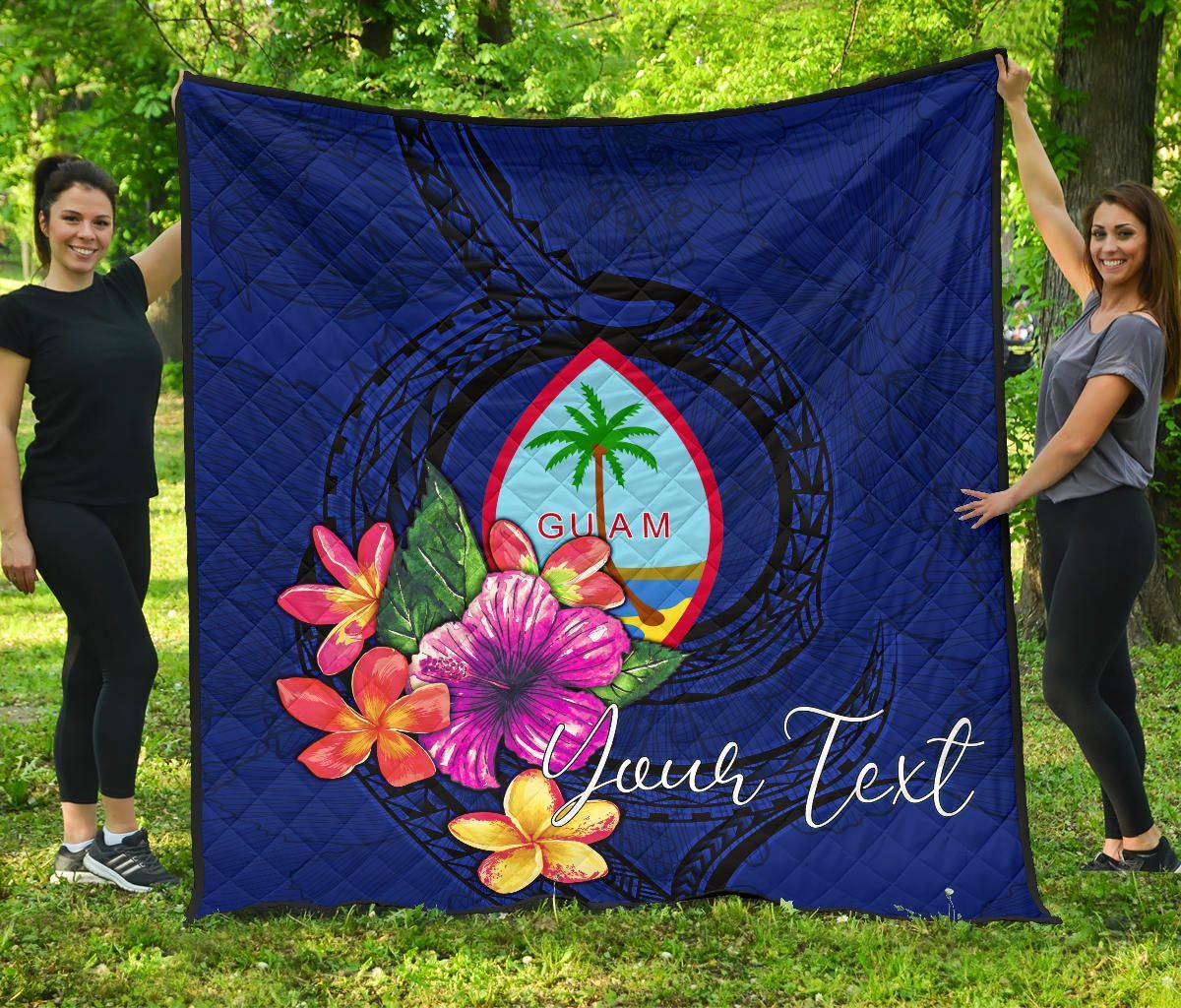 Guam Polynesian Custom Personalised Premium Quilt - Floral With Seal Blue