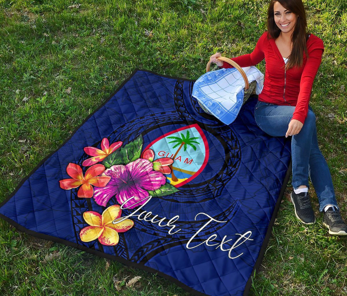 Guam Polynesian Custom Personalised Premium Quilt - Floral With Seal Blue