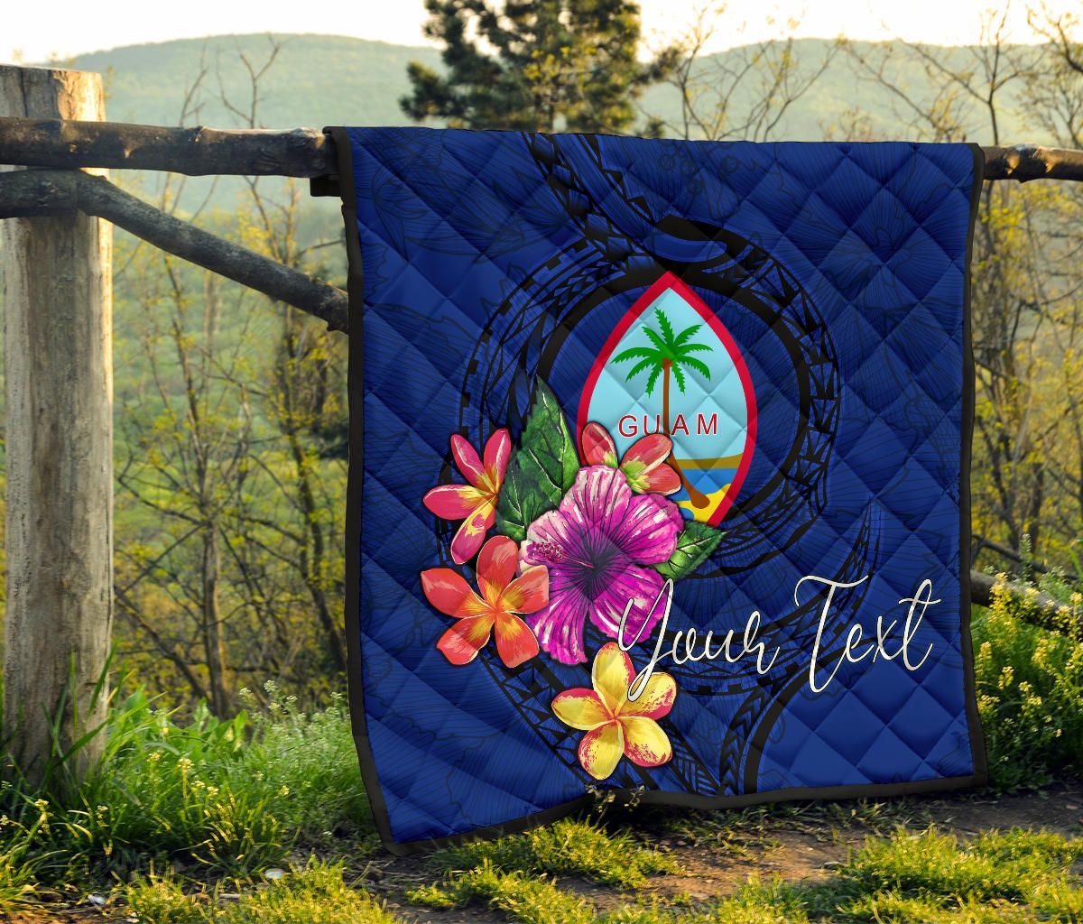 Guam Polynesian Custom Personalised Premium Quilt - Floral With Seal Blue