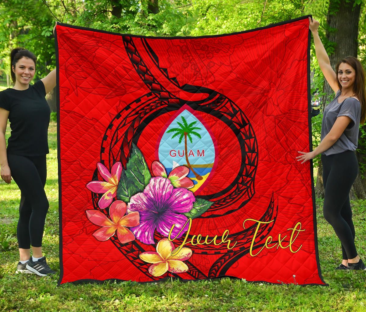 Guam Polynesian Custom Personalised Premium Quilt - Floral With Seal Red