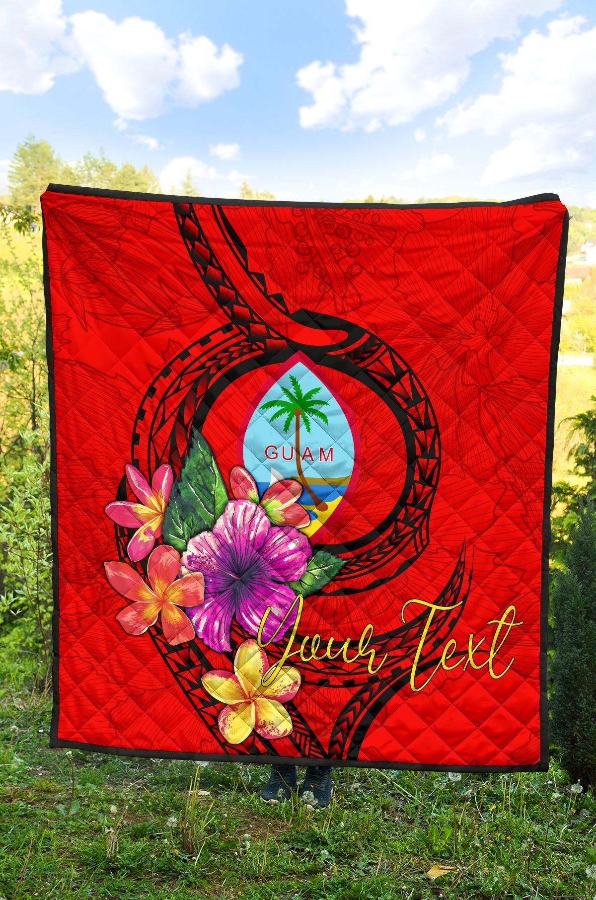 Guam Polynesian Custom Personalised Premium Quilt - Floral With Seal Red