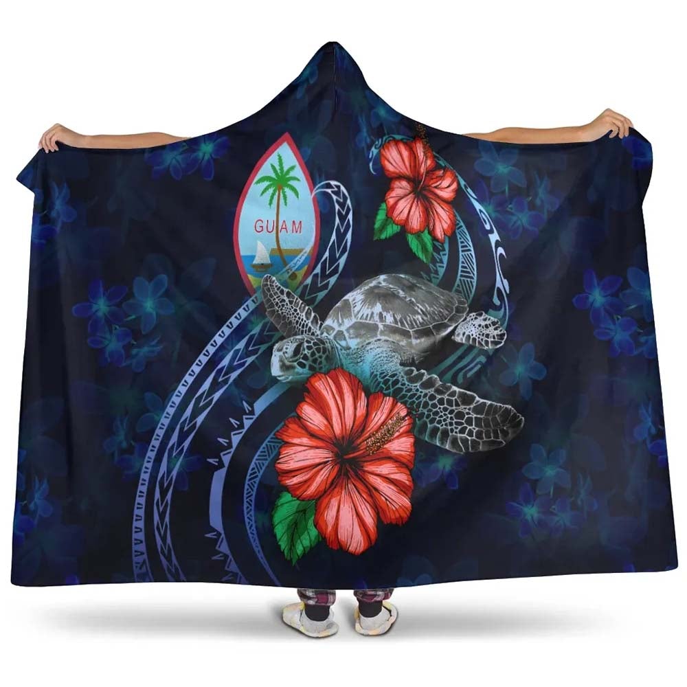 Guam Polynesian Hooded Blanket - Blue Turtle Hibiscus