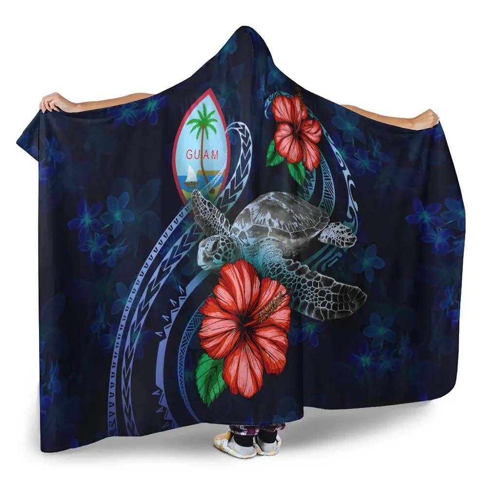 Guam Polynesian Hooded Blanket - Blue Turtle Hibiscus