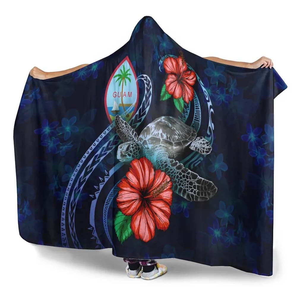 Guam Polynesian Hooded Blanket - Blue Turtle Hibiscus