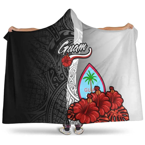 Guam Polynesian Hooded Blanket- Coat Of Arm With Hibiscus White