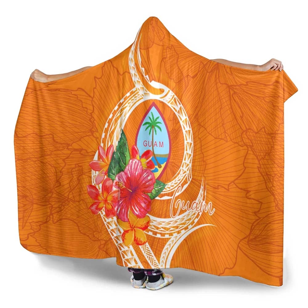 Guam Polynesian Hooded Blanket - Orange Floral With Seal