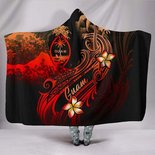 Guam Polynesian Hooded Blanket - Plumeria Flowers And Waves