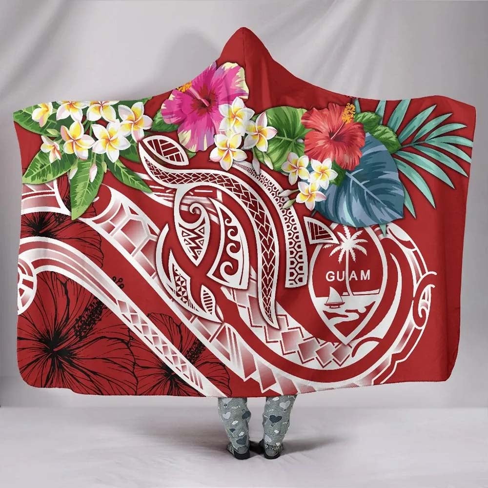 Guam Polynesian Hooded Blanket - Summer Plumeria (Red)