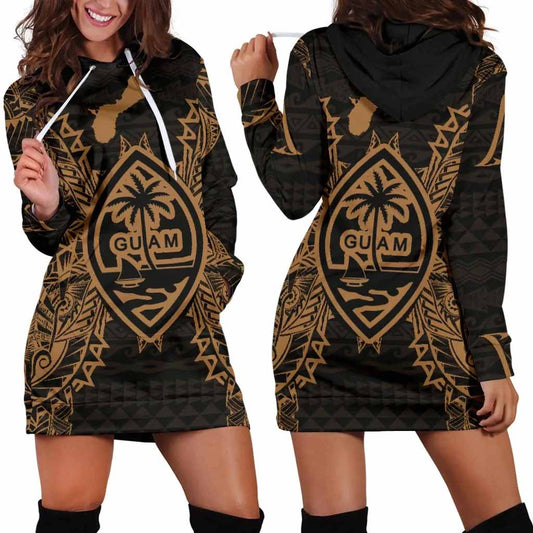 Guam Polynesian Hoodie Dress Map Gold