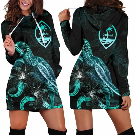 Guam Polynesian Hoodie Dress - Turtle With Blooming Hibiscus Turquoise
