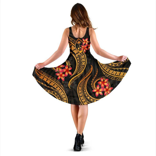 Guam Polynesian Midi Dress - Gold Plumeria