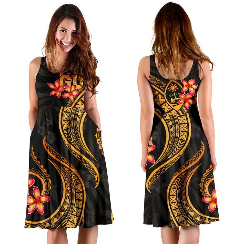 Guam Polynesian Midi Dress - Gold Plumeria