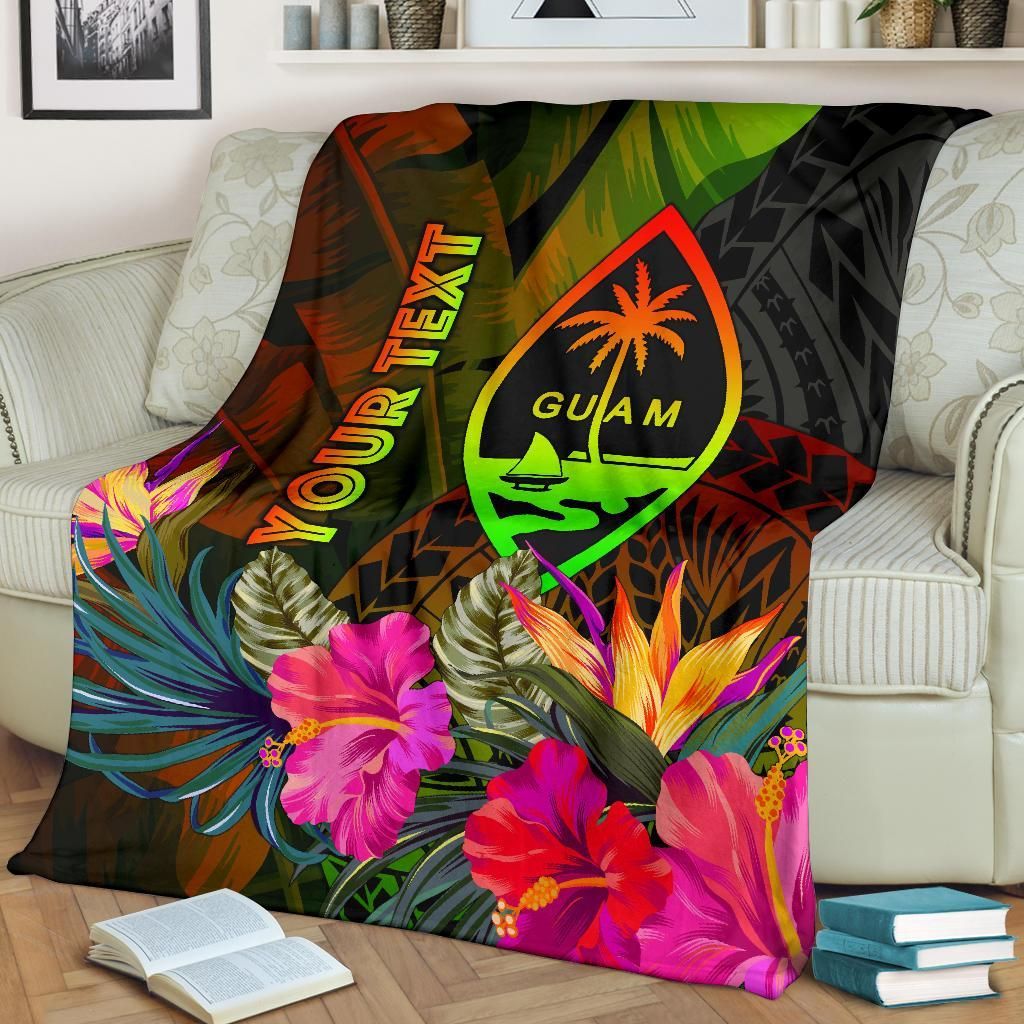 Guam Polynesian Personalised Premium Blanket -  Hibiscus and Banana Leaves