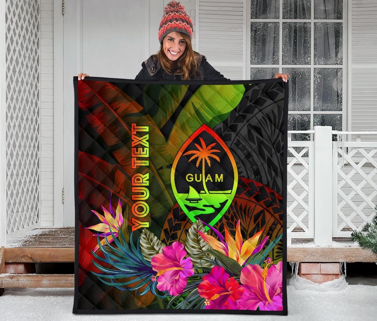 Guam Polynesian Personalised Premium Quilt -  Hibiscus and Banana Leaves