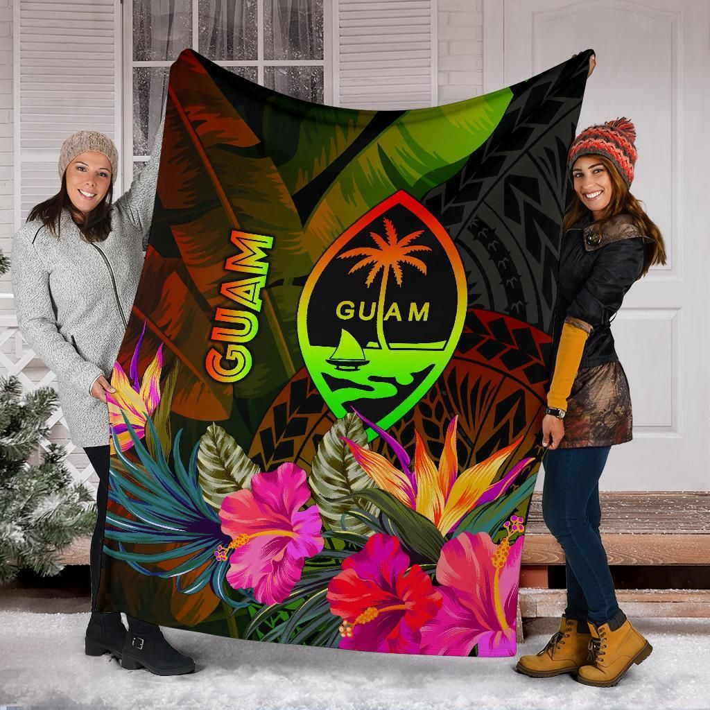 Guam Polynesian Premium Blanket -  Hibiscus and Banana Leaves