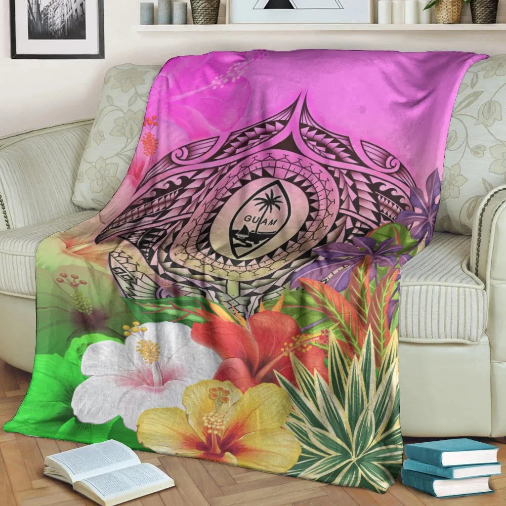 Guam Polynesian Premium Blanket - Manta Ray Tropical Flowers