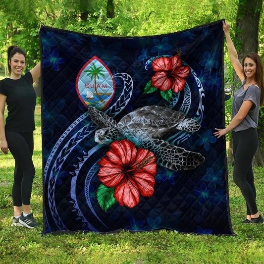 Guam Polynesian Premium Quilt - Blue Turtle Hibiscus