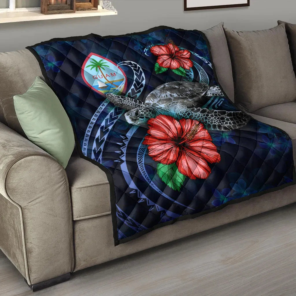 Guam Polynesian Premium Quilt - Blue Turtle Hibiscus