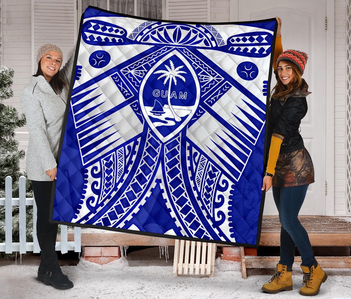Guam Polynesian Premium Quilt - Guam White Seal with Polynesian Tattoo Ver 02