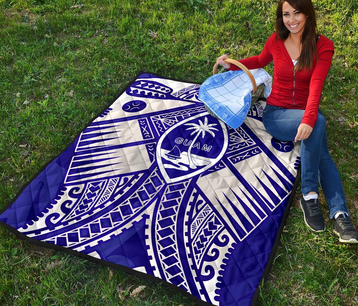 Guam Polynesian Premium Quilt - Guam White Seal with Polynesian Tattoo Ver 02