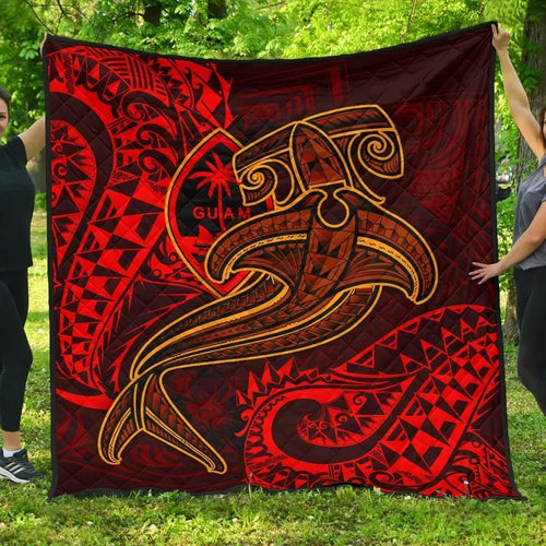 Guam Polynesian Premium Quilt - Red Shark Polynesian Tattoo