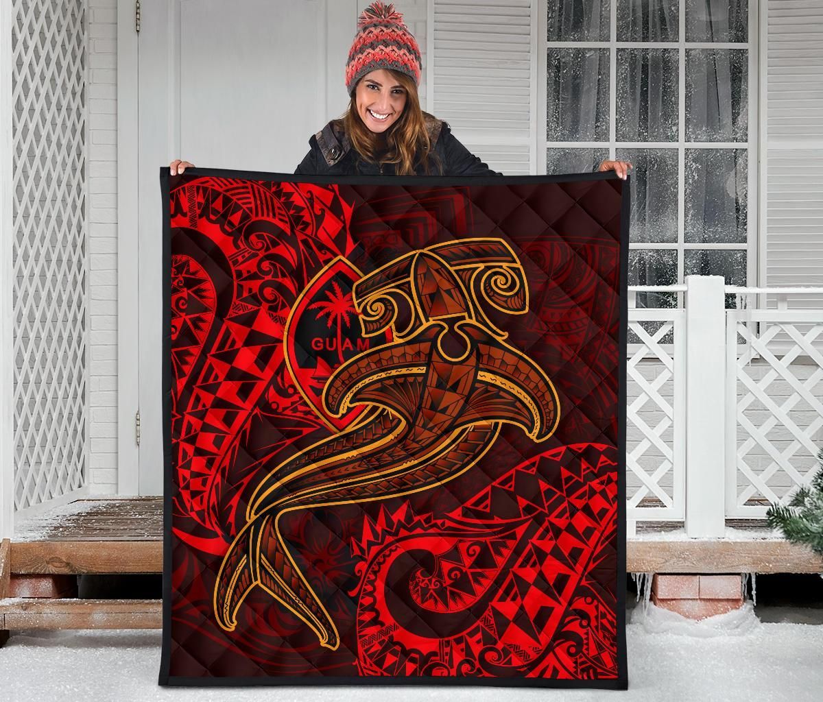 Guam Polynesian Premium Quilt - Red Shark Polynesian Tattoo