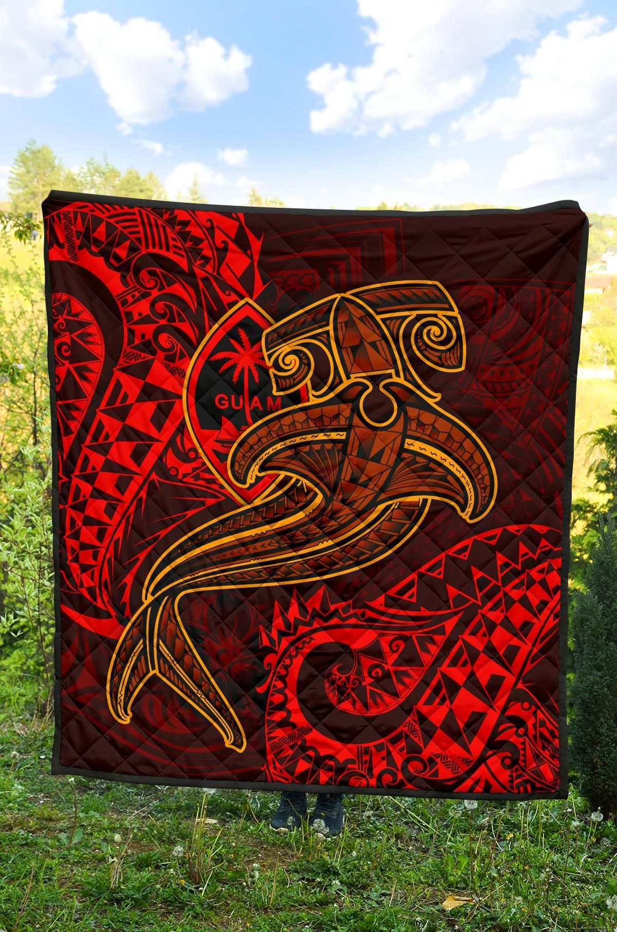 Guam Polynesian Premium Quilt - Red Shark Polynesian Tattoo