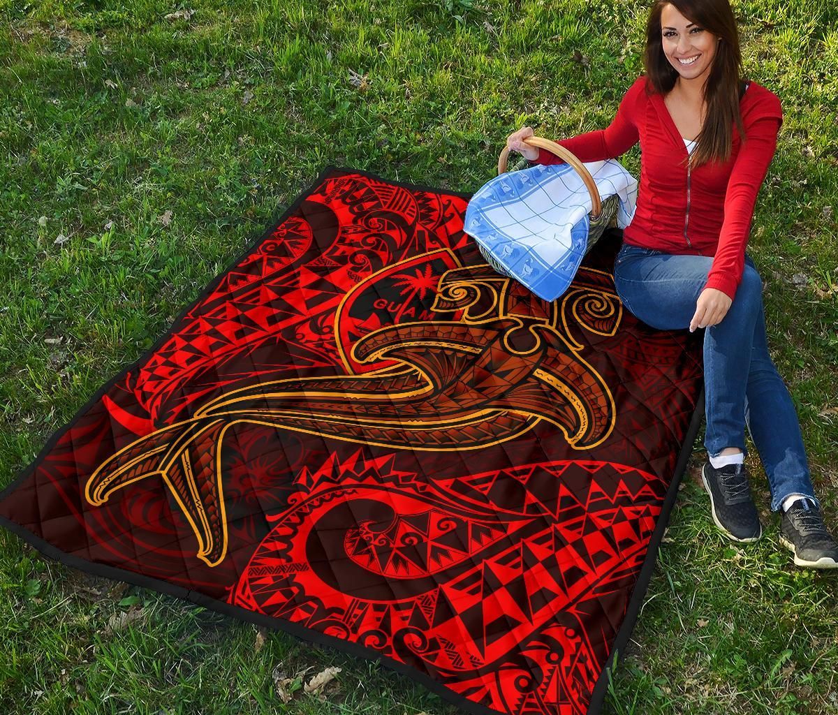 Guam Polynesian Premium Quilt - Red Shark Polynesian Tattoo