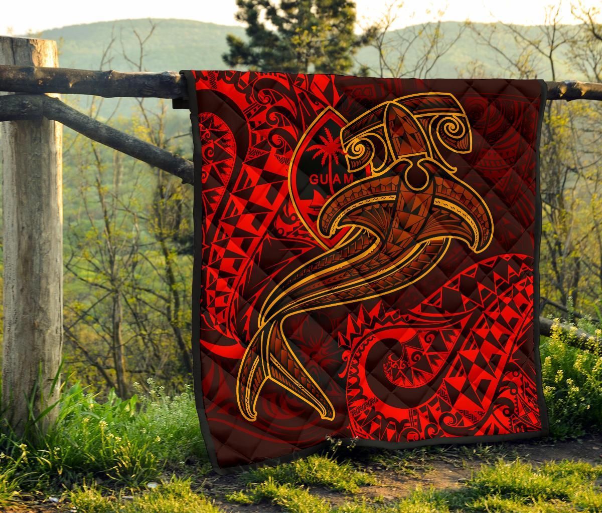 Guam Polynesian Premium Quilt - Red Shark Polynesian Tattoo