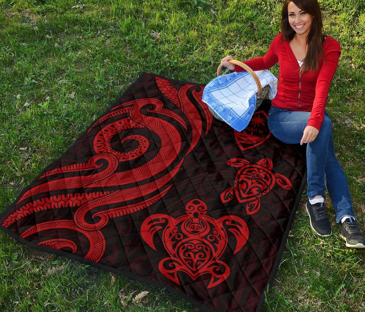 Guam Polynesian Premium Quilt - Red Tentacle Turtle