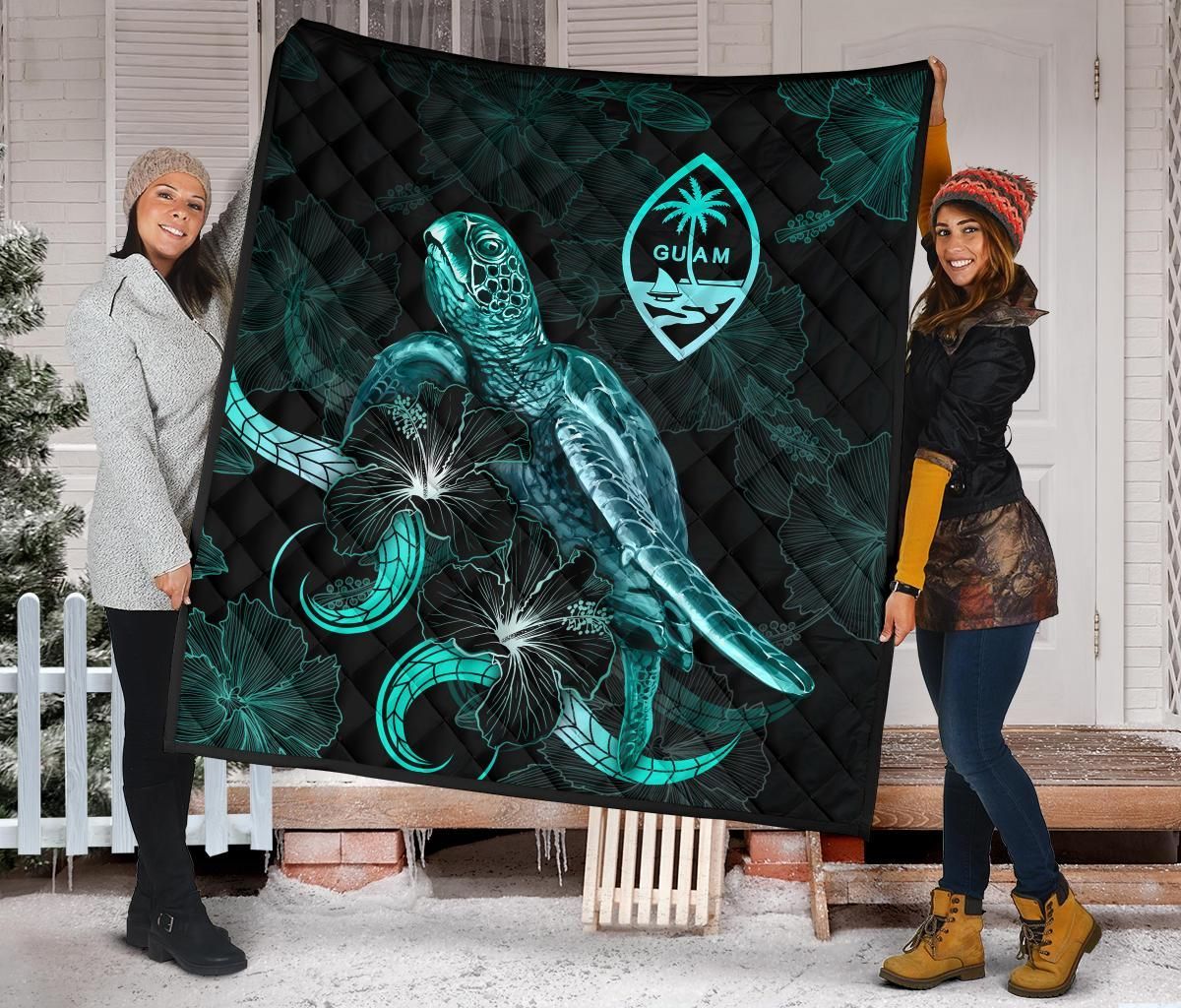 Guam Polynesian Premium Quilt - Turtle With Blooming Hibiscus Turquoise