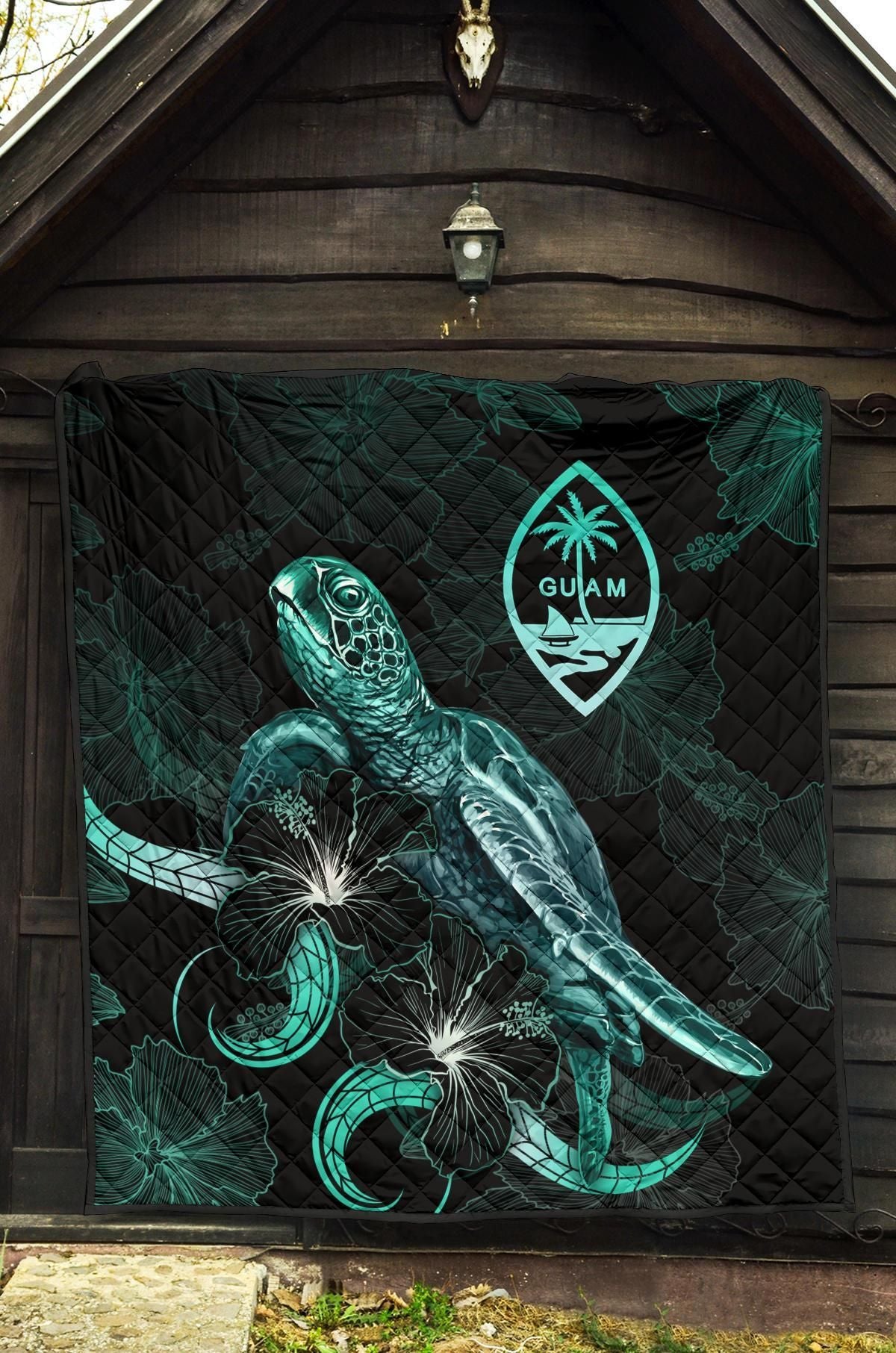Guam Polynesian Premium Quilt - Turtle With Blooming Hibiscus Turquoise