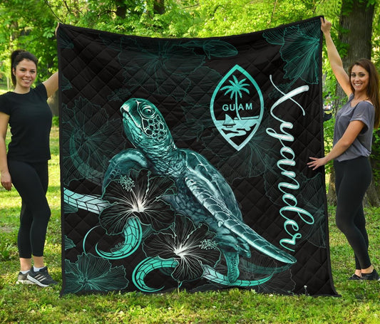 Guam Polynesian Premium Quilt - Turtle With Blooming Hibiscus Turquoise (Xyander Ver)