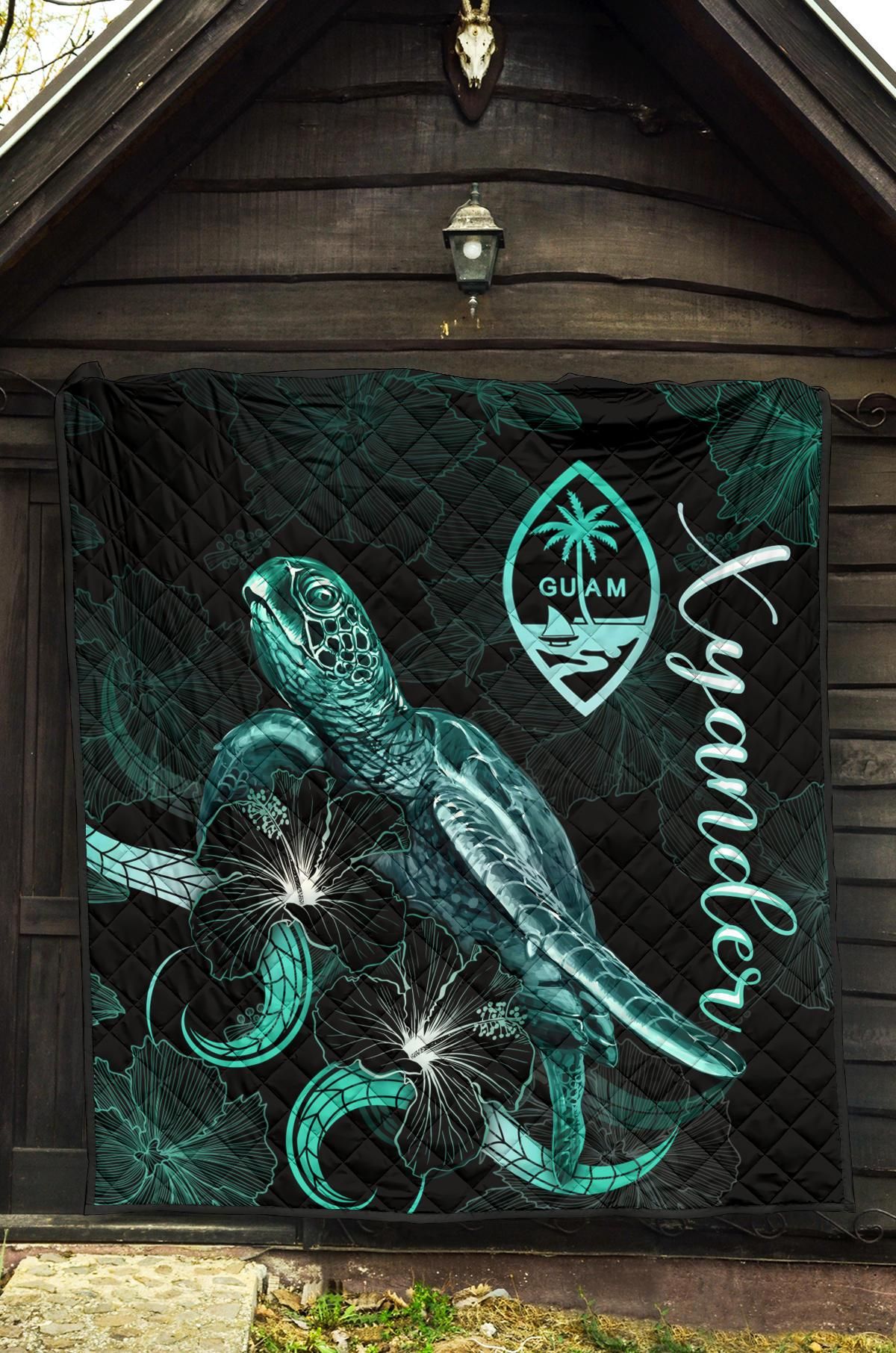 Guam Polynesian Premium Quilt - Turtle With Blooming Hibiscus Turquoise (Xyander Ver)