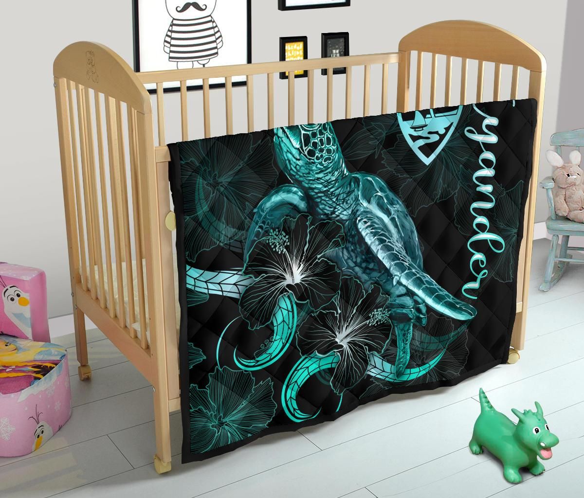 Guam Polynesian Premium Quilt - Turtle With Blooming Hibiscus Turquoise (Xyander Ver)