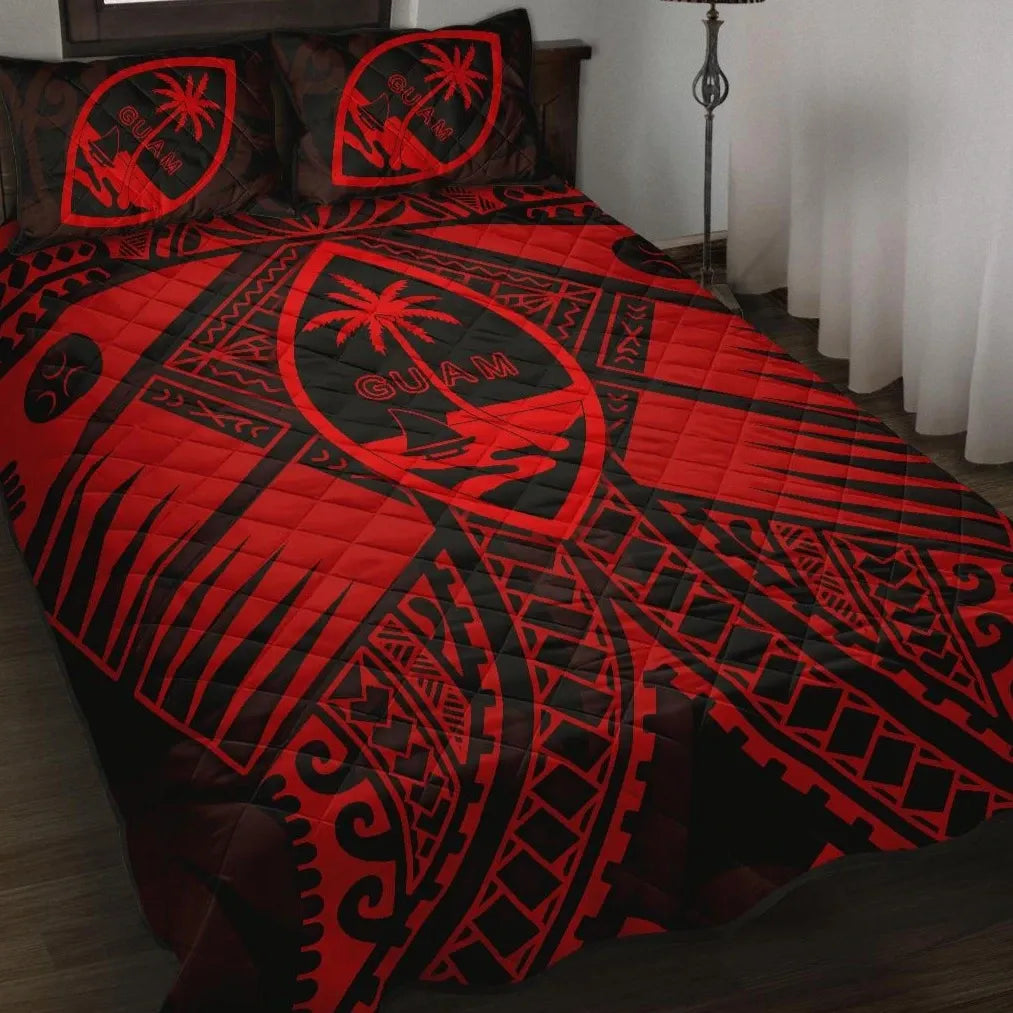 Guam Polynesian Quilt Bed Set - Red Guam Coat Of Arms Polynesian Tattoo