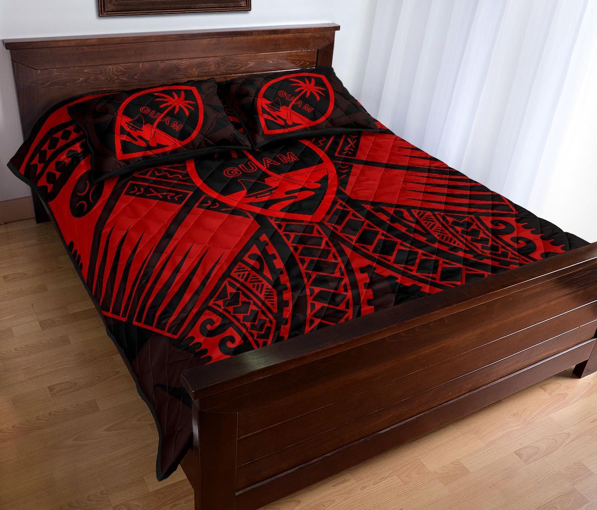 Guam Polynesian Quilt Bed Set - Red Guam Coat Of Arms Polynesian Tattoo