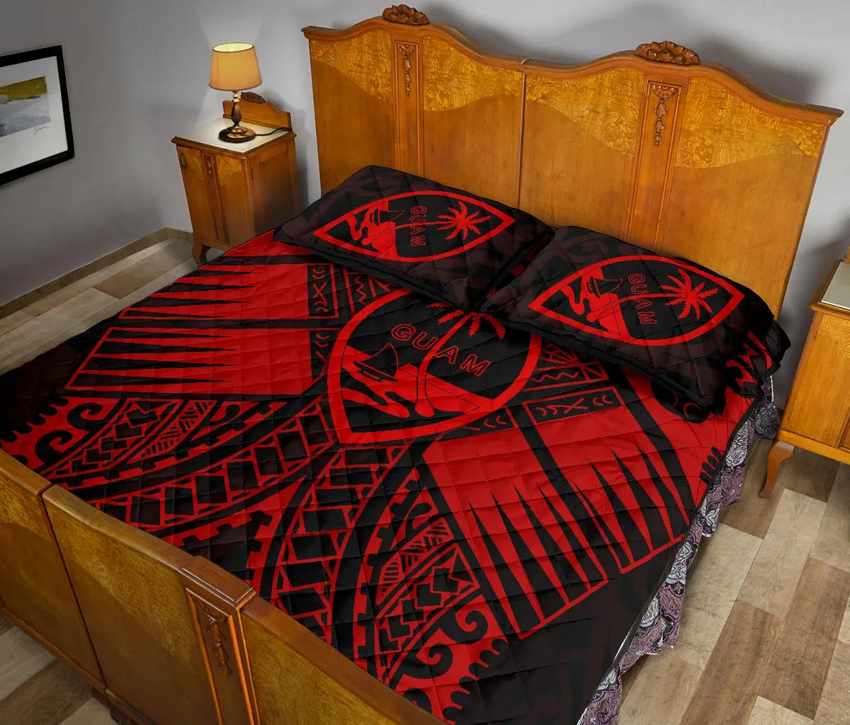 Guam Polynesian Quilt Bed Set - Red Guam Coat Of Arms Polynesian Tattoo