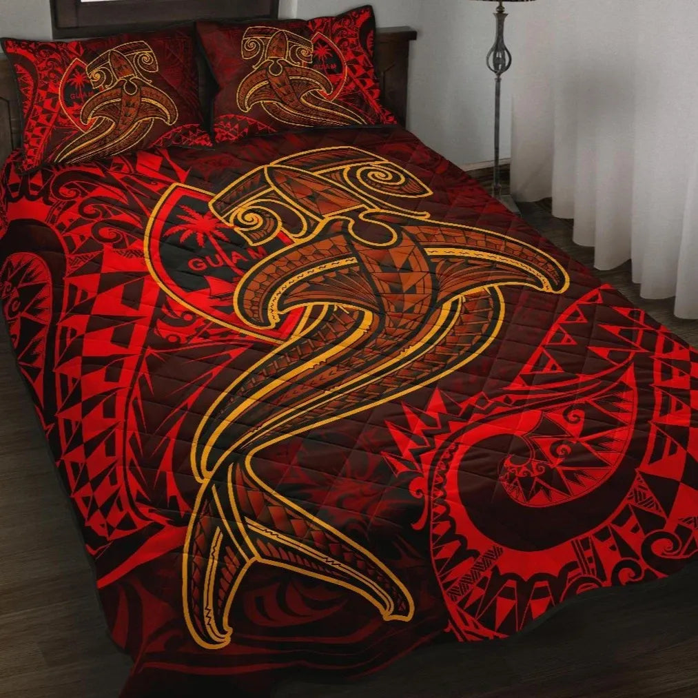Guam Polynesian Quilt Bed Set - Red Shark Polynesian Tattoo