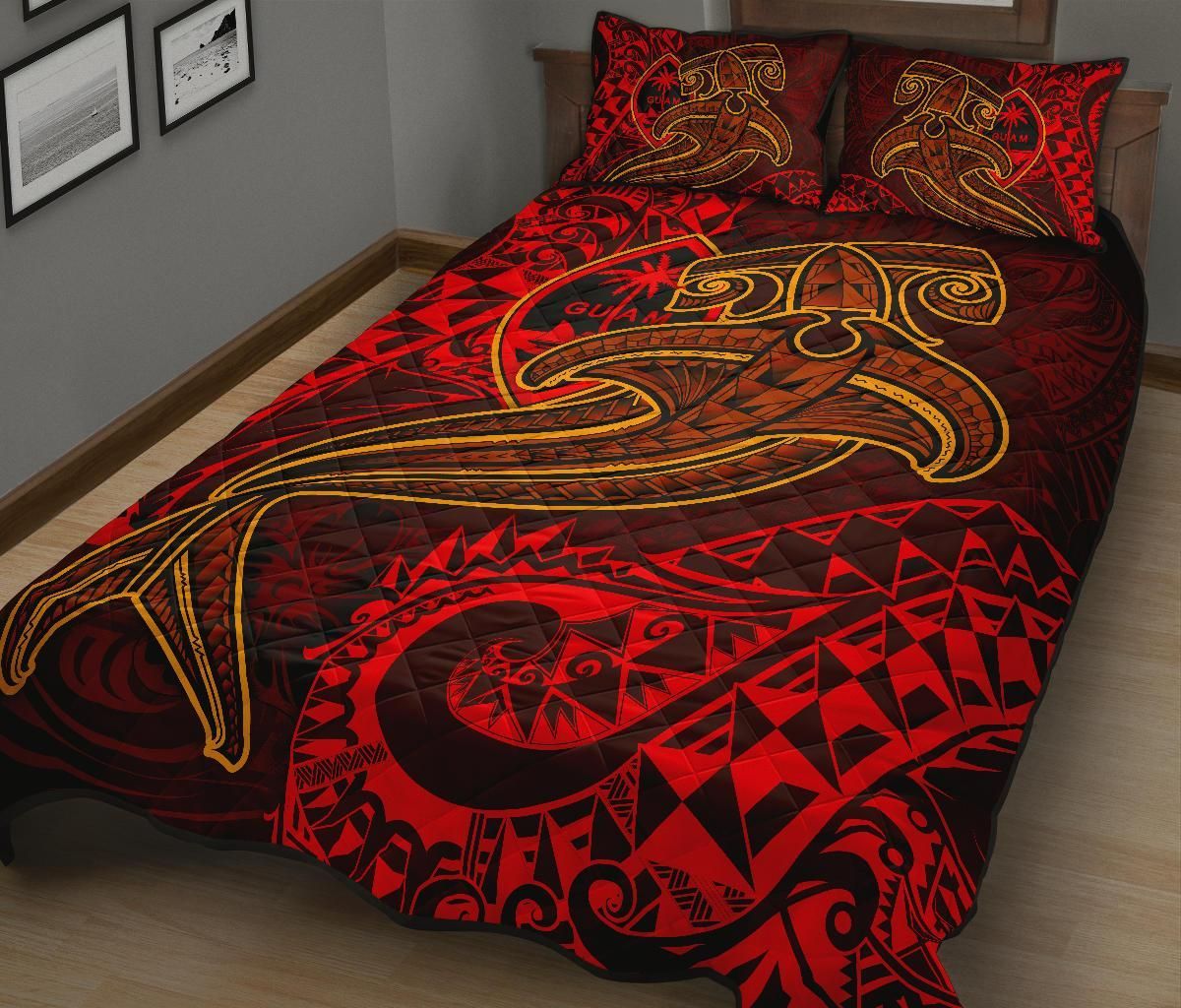 Guam Polynesian Quilt Bed Set - Red Shark Polynesian Tattoo