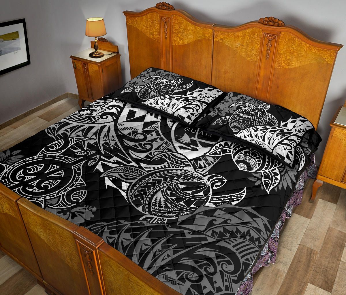 Guam Polynesian Quilt Bed Set - White Turtle Flowing