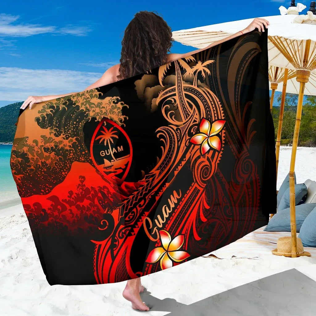 Guam Polynesian Sarong - Plumeria Flowers And Waves