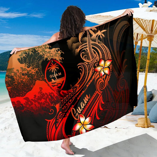 Guam Polynesian Sarong - Plumeria Flowers And Waves