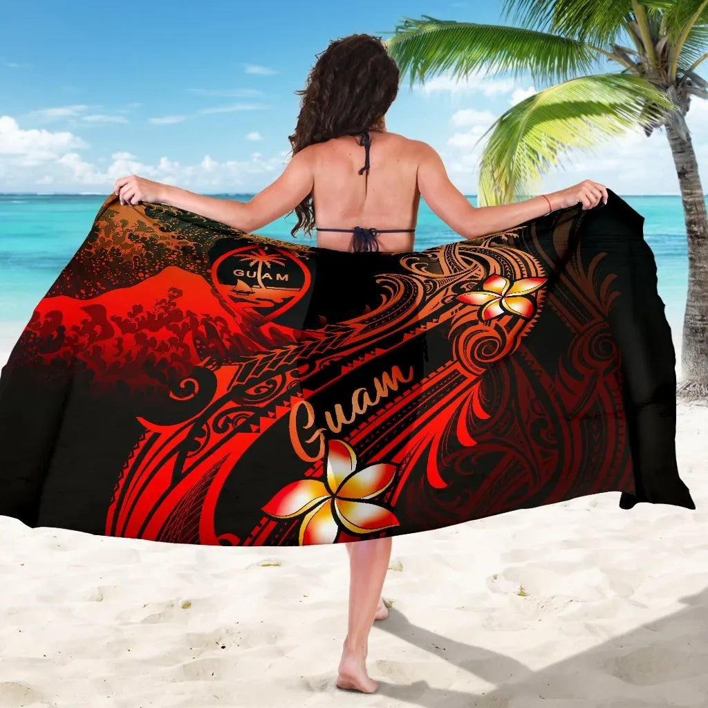 Guam Polynesian Sarong - Plumeria Flowers And Waves