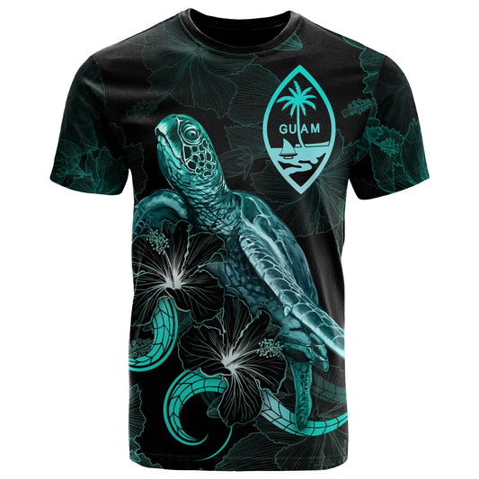 Guam Polynesian T-Shirt - Turtle With Blooming Hibiscus Turquoise