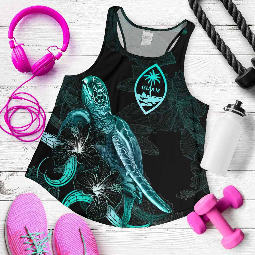 Guam Polynesian Women Tank Top - Turtle With Blooming Hibiscus Turquoise